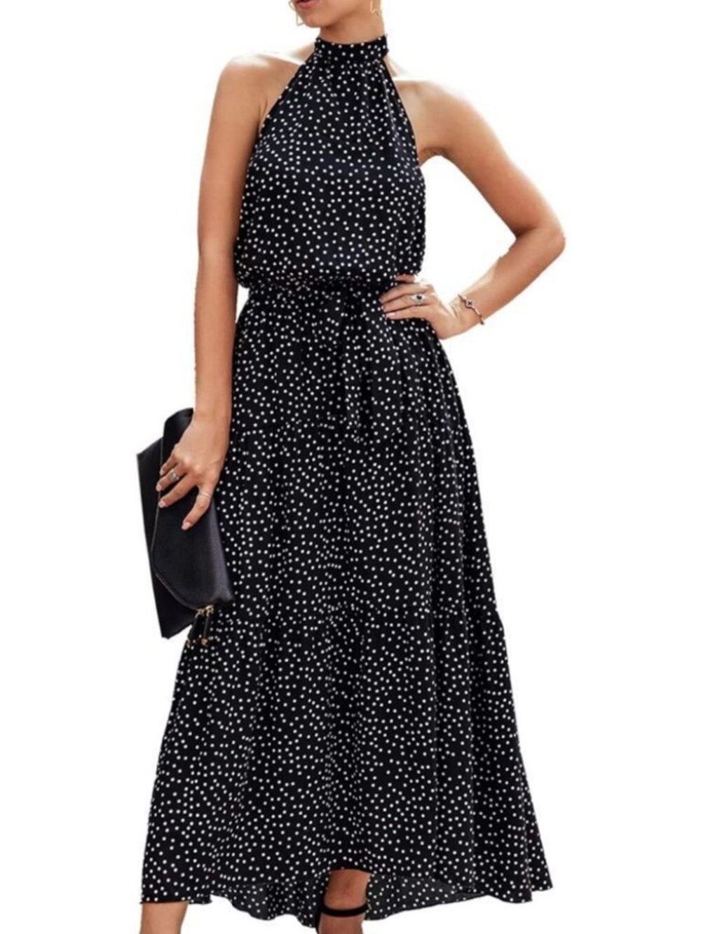 Polka Dot Halter Tiered Sleeveless Maxi Dress Large Lined Belt Elastic Waist
